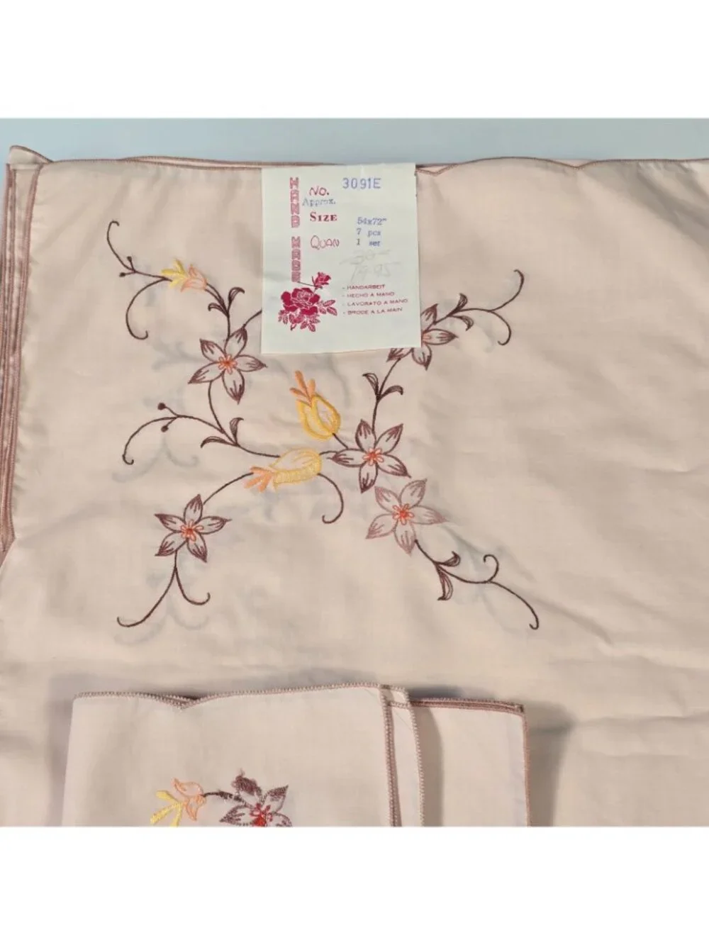 Vintage Hand Made Embroidered Tablecloth Napkins Set Floral 54